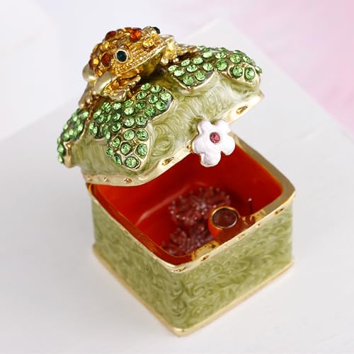 Hand Painted Enameled Mini Frog Trinket Box, Hinged Unique Mini Ring Necklace Jewelry Organizer, Classical Bejeweled Storage, Figurine Collectible Keepsake Home Decor (Frog on Box) - color: Frog on Box