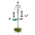 Yinns 58 Inch Outdoor Bird Feeder Pole with Bird Bath and Solar Light | Outdoor bird feeding station, 2 hanging feeders, bird bath, mesh tray, flower basket, weather vane, solar lantern - color: A-58inch Green