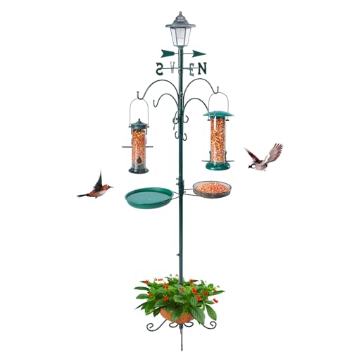 Yinns 58 Inch Outdoor Bird Feeder Pole with Bird Bath and Solar Light | Outdoor bird feeding station, 2 hanging feeders, bird bath, mesh tray, flower basket, weather vane, solar lantern - color: A-58inch Green