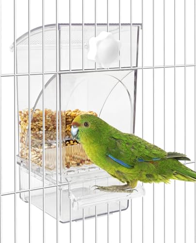 BNOSDM No Mess Bird Feeder Transparent Bird Food Container Automatic Parrot Feeder with Perch Parakeet Cage Accessories for Budgies, Canaries, Cockatoos, Finch and Lovebirds - color: Transparent
