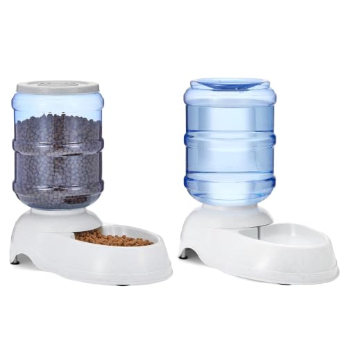 Amazon Basics Automatic Pet Water Dispenser and Gravity Food Feeder Set for Cat and Dog, Easy to Clean, 152fl.oz food feeder, 135.3fl.oz water dispenser, Small, Pack of 2 - size: Small, style: Waterer + Feeder