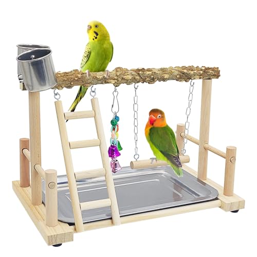 kathson Parrots Playground Bird Perch Wood Playstand Stand with Ladder Swing Feeder Cups Chew Toy for Parakeet Conure Cockatiel Budgie Lovebird Finch Small Birds