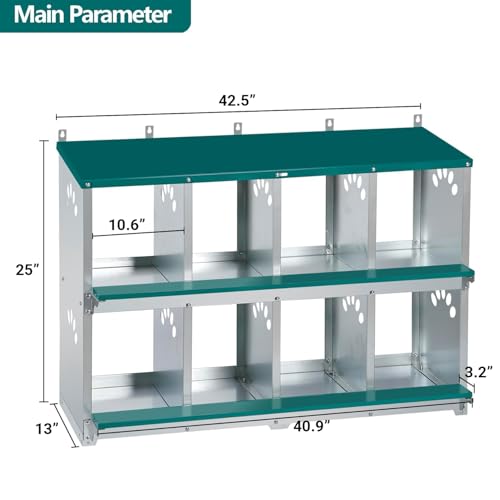 Chicken Nesting Box, 8 Compartment Metal Nesting Box | Wall Mountable Nesting Boxes for Chicken, 42.5" L x 13.0" W x 25.0" H, Green
