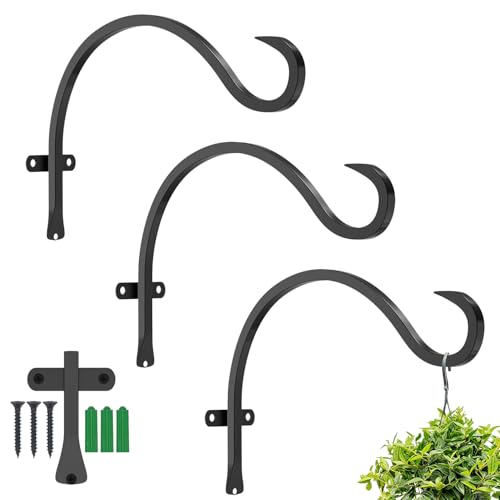 12 Inch Heavy Duty Plant Hanger Wall Hook 3 Pack - Black Iron Hanging Plant Bracket Holds 44 lbs - Rust Resistant Indoor Outdoor Hooks for Bird Feeders Lanterns Wind Chimes Hanging Baskets with Screws - size: 3 Pieces