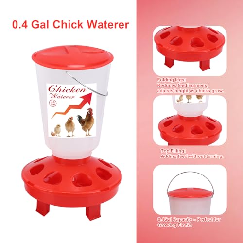 Chick Feeder and Waterer Set Top Fill 3.3LB Feeder and 0.4Gal Waterer with 3 Adjustable Heights Legs for Chicks