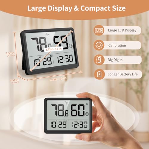 Digital Hygrometer, Humidity Meter, Temperature Monitor for Room | Calibration, Clock, 3.62 LCD, 3-Way Mount, 10s Refresh, Baby Room, Greenhouse, Guitar, CR2450 Battery, Comfort - color: Black