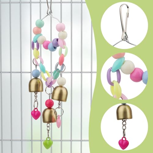 Hypeety Bird Bell Toy with Sweet Sound Cage Hanging Swing Bell for Parakeet | 3 brass bells with colorful beads, chewable for easy-hanging, encourages play and exercise, for small and medium bird, 8.27'' - color: Bell Toy-3 bells (A)
