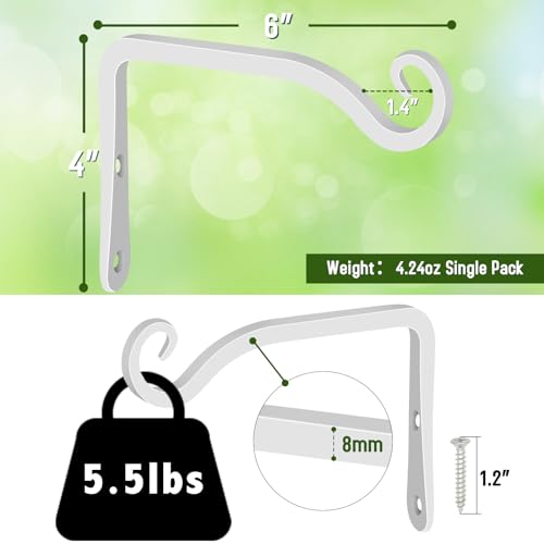Hand-Forged Hanging Plant Bracket Iron Wall Hook for Hanging Plant,Bird Feeders, Wind Chimes, Flower Baskets, Lanterns, Yoga Mat, Indoor/Outdoor Use 6 Inch 2 Pack, White - color: White, size: 6 Inch