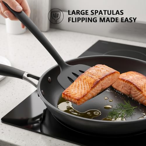 Coukre 3 Pack Silicone Spatula Set, Heat Resistant to 500°F, BPA-Free | Fish Spatula, Solid & Slotted Turners, Dishwasher Safe, Spatula Set for Eggs, Pancakes, Fish & Burgers, PureBlack - color: PureBlack