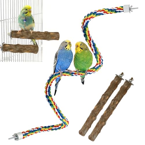 48" Bird Rope Perch & 2 Pack 7.9" Pepper Wood Perch Set, Flexible Climbing Toy & Bird Cage Perches for Parakeets, Cockatiels, Budgies, Lovebirds & Small to Medium Birds