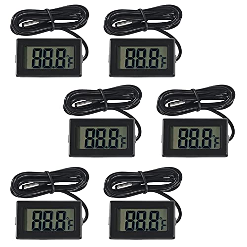 AITRIP 6-Pack TPM-10 Fahrenheit(℉) Digital Thermometer Wired for Car Greenhouse Indicator Indoor Room Freezer Refrigerator Aquarium with 1M Waterproof NTC Probe (Black)
