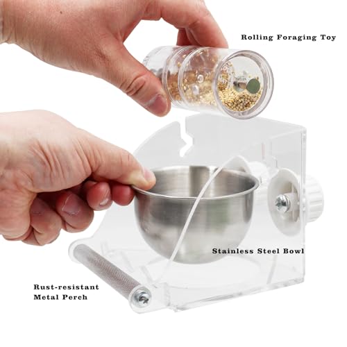Interactive Bird Feeder with Rolling Foraging Toy - Clear Acrylic Treat Dispenser & Stainless Steel Bowl for Small to Medium Birds | Cage-Mounted with Rust-Resistant Metal Perch