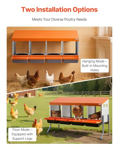 VEVOR Chicken Nesting Boxes, 4 Compartments, with Support Legs, Easy Egg Collection, Galvanized Steel and High-Strength Plastic, Roll Away Nesting Boxes for Chickens and Hens Laying Eggs, Orange - size: 41.7"L x 20.7"W x 26.6"H