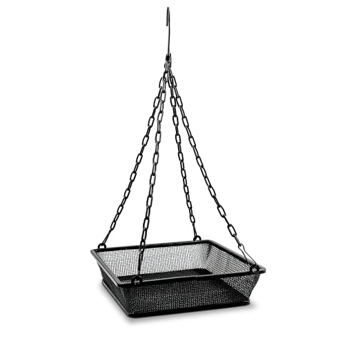 Monarch Abode Hanging Bird Feeder for Outdoors – Hanging Birdfeeder with Iron Mesh Seed Tray for Wild Birds, Matte Black Metal Decorative Wild Bird Feeder for Outside Garden Patio Deck Yard - color: Black, style: Mesh Bird Feeder