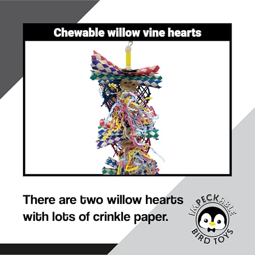 1042 Double Willow Heart Shreddy Bird Toy - Bamboo Finger Traps & Crinkle Paper Cardboard Shreds - Engaging Parakeet Bird Cage Accessories - Natural Foraging Parrot Toys for Cockatiel & Conure