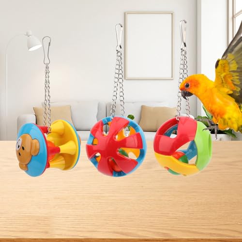 Hypeety Parrot Colorful Ball Toys with Bell Cage Hanging Chewing Ball Toy | With jingle bell inside, durable, chewproof plastic, easy-hanging, for parakeet/conure/cockatiel/small medium birds, 3 balls - color: A+B+C