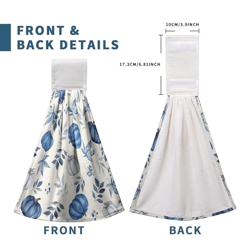 Fall Blue Pumpkin Kitchen Towels with Hanging Loop Autumn Thanksgiving Hanging Hand Towels Seasonal Eucalyptus Maple Leaf Dish Tie Towel Soft Absorbent Fingertip Bath Towel Set of 2 - color: Fall Pumpkin Leaves Blue