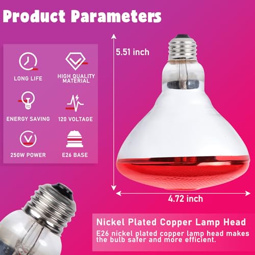 LUCKY HERP Infrared Heat Lamp for Chickens, 250 Watt Red Heat Lamp Bulb, 2 Pack Heat Light Bulb, Brooder Heat Lamp for Chicks Coop, Reptiles, Amphibian, Pet, Food Service - style: 250W Heat Lamp 2 PACK