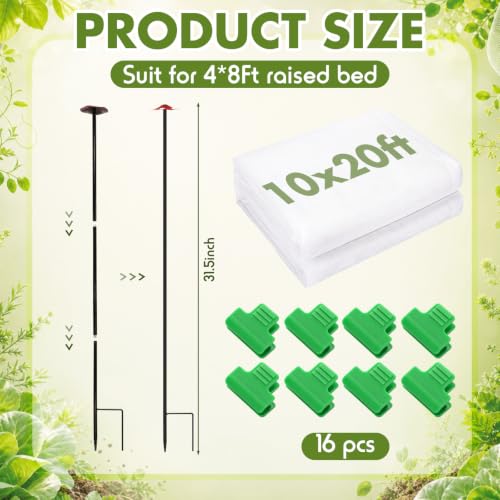 Metal Garden Netting Kit, 10 Pack 2.6ft Raised Bed Net Support Stakes with 10"x20" Fine Mesh Insect Netting 16 Pcs Clips Insect Row Cover for Raised Beds Protect Vegetable Row