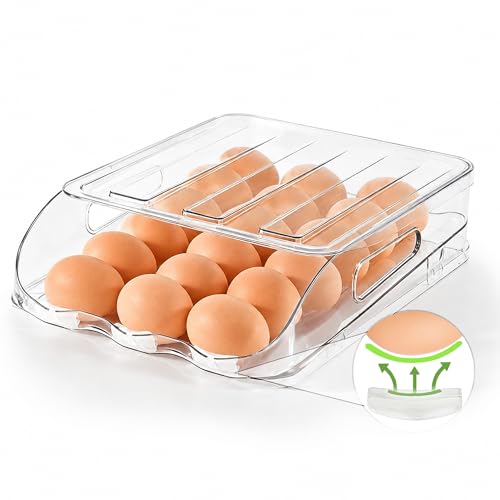 SMRCAD 18-Egg Dispenser with Silicone Bumpers, Auto-Rolling, Stackable | BPA-free food-grade PET | Stackable with lid | Built-in handle | 11.92"L x 8.85"W x 2.9"H | Hand wash only - size: 1 Tier Holder 18 Eggs（L SIZE）