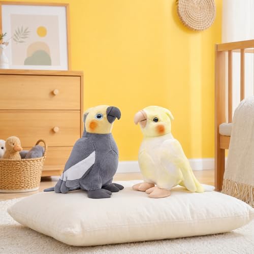 Cockatiel Plush Toy Set - 2pcs Simulation Yellow and Grey Parrot Stuffed Animal, Cute Little Bird Doll as Gift for Your Friends 7 Inch - style: Gray and Yellow