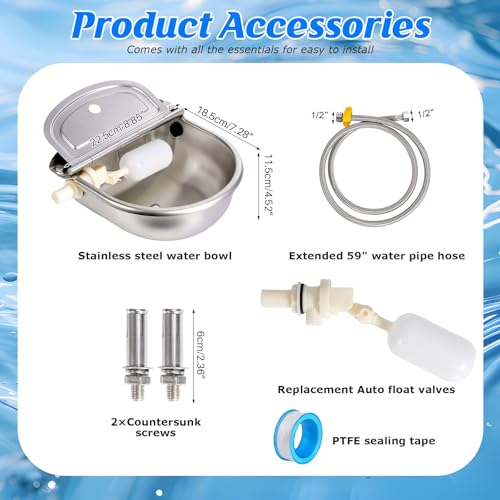 Automatic Chicken Waterer Stainless Steel with Drainage Hole | with Float Valve, Extended Pipe, Replacement Valve, Outdoor Auto Self Filling Water Bowl for Chicken,Duck,Poultry