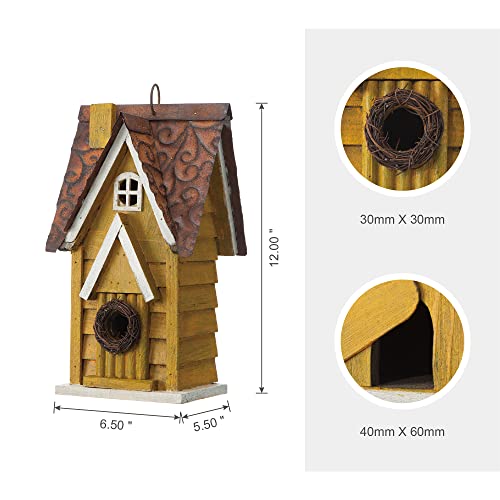Glitzhome GH90085 Hanging Distressed Wooden Garden Cottage Birdhouse, Yellow - color: Yellow