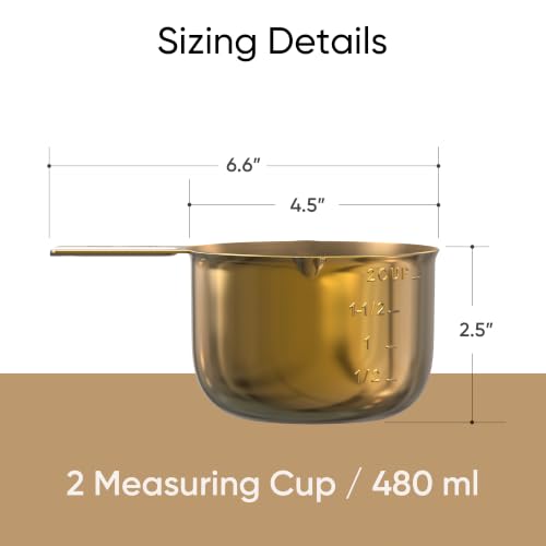 Color Up 2 Cup Measuring Cup, 480ml Gold Stainless Steel Metal Measuring Scoop, Easy-Pour Spouts, Engraved Markings, for Dry & Liquid Ingredients - size: 2 Cup (480 ml) Gold