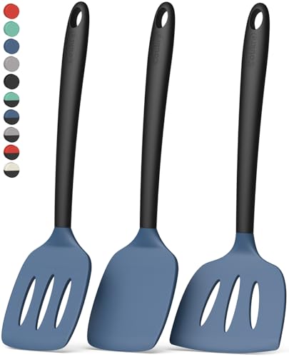 Coukre 3 Pack Silicone Spatula Set, Heat Resistant to 500°F, BPA-Free | Fish Spatula, Solid & Slotted Turners, Dishwasher Safe, Spatula Set for Eggs, Pancakes, Fish & Burgers, DarkBlueBlack - color: DarkBlueBlack