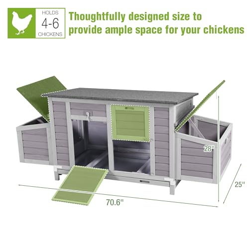 GUTINNEEN Large Chicken Coop for 4-6 Chickens with Nesting Box, Predator Proof Outdoor Hen House, Reinforced Frame, Waterproof Asphalt Roof, Easy Clean Pull-Out Tray, Ventilated Design - size: 70.6"L x 25"W x 28"H