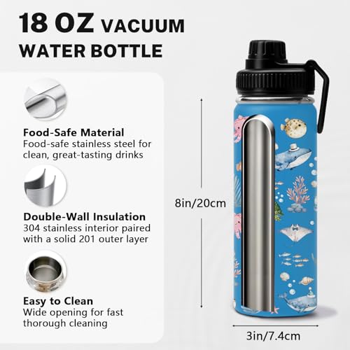 Whale 18 oz Water Bottle, with 2 Lids Handle, Insulated Sports Cup | 18oz Stainless Steel Travel Tumbler, Reusable Leak proof Anti Slip Boot Mug,Christmas Birthday Marine Gift for Son - color: Marine Life