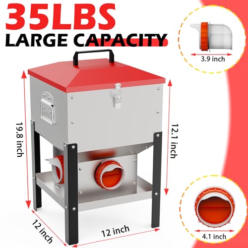 35LB Large Automatic Chicken Feeder- 4 Ports Metal Chicken Feeders, Dual No Waste Design with Locking Lid & Riveted Handles, Rainproof Poultry Feeder for Chickens, Ducks, Geese