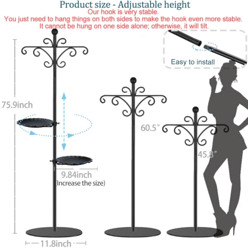 74.5" Shepherd's Hook Stand，Bird Feeder，Wind Chime, Waterproof Metal & Adjustable-Height Pole Holder for Lantern ，Hanging Plants Indoor & Outdoor（2 Placement Racks - color: Black