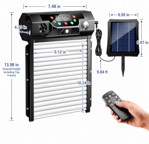 Automatic Chicken Coop Door Solar Powered, Roll-Up Chicken Door with Timer & Light Sensor, Anti-Pinch Safety Auto Chicken Door with Remote Control, Weatherproof Aluminum Coop Door (Black)