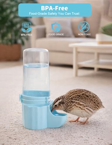 Quail Chick Waterer with Anti-Drowning Shallow Tray, 16.6 fl oz Automatic Gravity Button Quail Waterer, Hanging or Free-Standing Bird Water Dispenser for Wire Mesh Cages and Brooders (Blue) - color: Blue