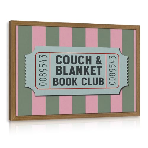 CGXY Couch Blanket Book Club Wall Art, Vintage Book Club Ticket Poster Print, Pink Green Stripe Reading Room Decor, Retro Book Lover Aesthetic Picture for Bedroom Library Wood Framed 12x16 Inch - color: SofaBlanket, size: 16"L x 12"W