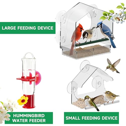 Window Bird Feeders (Large & Small) Plus Hummingbird Waterers（3-Piece Set） Lure Various Birds, Offer Easy Food & Water Access. Extra-Strong Suction Cups, Easy to Mount, Perfect for Outdoor Use - size: 3-piece set