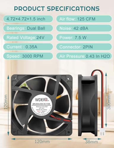 DC 120mm x 38mm 24V Brushless Cooling Fan Dual Ball Bearing 2Pin for DIY Ventilation Exhaust Projects - size: 12038