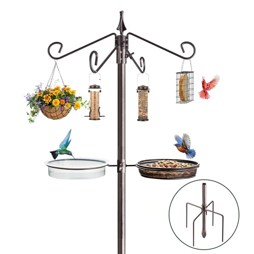 Bird Feeding Station Kit, 81-Inch, 4-Hook Metal Bird Feeder Pole | Bird Bath Bowl, Mesh Seed Tray, Freestanding 5-Prong Base, Removable Parts, Easy Assembly, for Patio, Lawn and Garden - size: 81 Inches without Squirrel Baffle