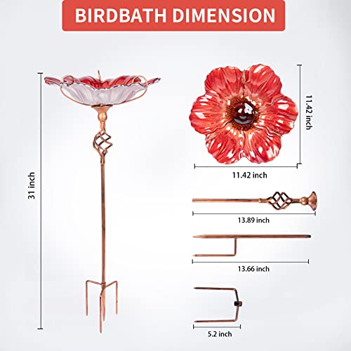 Glass Birdbath Birdfeeder with Metal Stake Garden Yard Outdoor Red | 31inch height stain glass bird bath for outside,red flower bird bath bowl,attract wild birds and beautify outdoor gardens - color: Red