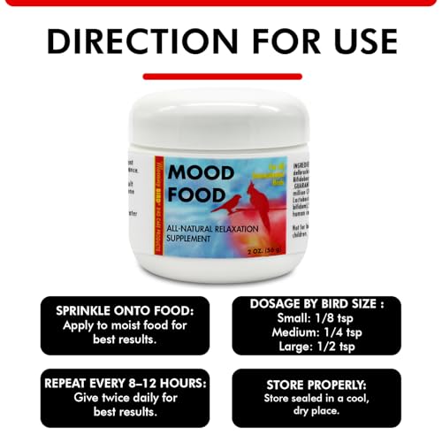 Mood Food 2 oz – Natural Calming Supplement for Birds – Non-Sedating Formula – Helps Reduce Stress, Aggression & Feather Plucking – Gentle Support with Amino Acids & B Vitamins | Promotes Natural Stress, Aggression & Feather Plucking Reduction – Gentle B-