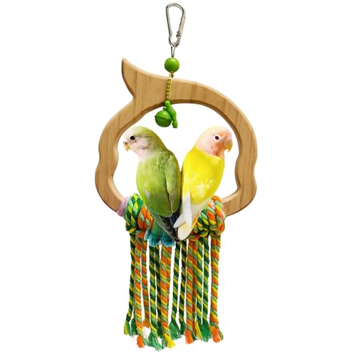 Wooden Bird Swing Toy with Rope Perch, Fish Shape, Hanging Cage Accessory for Parrots (Colorful, Green Wood Swing)