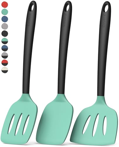 Coukre 3 Pack Silicone Spatula Set, Heat Resistant to 500°F, BPA-Free | Fish Spatula, Solid & Slotted Turners, Dishwasher Safe, Spatula Set for Eggs, Pancakes, Fish & Burgers, AquaGreenBlack - color: AquaGreenBlack