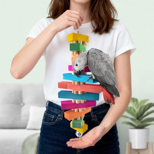 DBNESS 16.54in Extra Large Bird Toys for Parrot, 2 Pcs Colorful Natural Wood Block Chew Tearing Toy with Bell for Macaws, African Greys, Amazon Parrots, Eclectus, Cockatoo