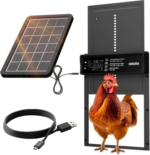 Okkobi Automatic Chicken Coop Door Solar Powered - LCD Display - Chicken Coop Door with Light Sensor & Timer - Security & Peace of Mind: Anti-Pinch Function - 5-Year Protection - Black - color: Black