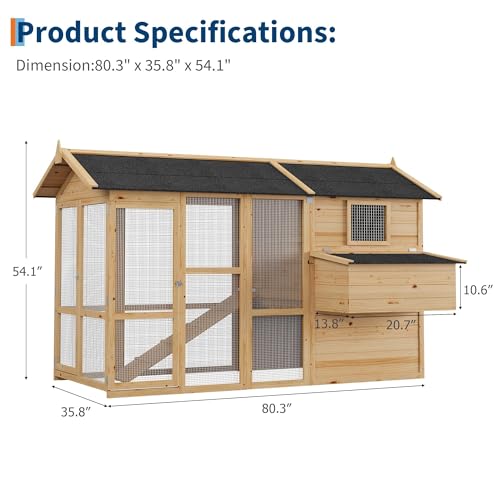 IDEALHOUSE Large Outdoor Chicken Coop for 4-6 Chickens Wooden Hen House with Waterproof Asphalt Roof, Ramp, Nesting Box, Wire Fence, (80" x 35" x 54") Natural