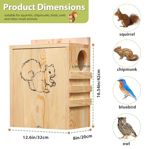 Large Squirrel House for Outside, Wooden Squirrel Box with Predator Guard | Squirrel Nesting Box for Squirrels and Chipmunks, with Internal and External Climbing Ladders, 4 Corner Drainage Holes - size: Large: 8"wide