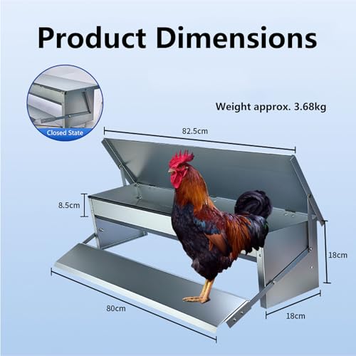 Automatic Chicken Feeder with Weatherproof Lid 4-9kg Metal Treadle Feeder Feeds 6 Chickens up to 10 Days for Roosters Pheasant Chicken Outdoor Coop(Size:Large - 82.5x18cm) - size: Large - 82.5x18cm