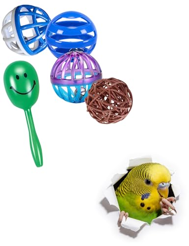 5-Pack Bird Toys for Parrots Cockatiels Budgies Canaries, Bell Rattan Balls | Bell Sound Stimulation, Rattan Chewing for Beak Health - size: 1.5'' - 2.8''