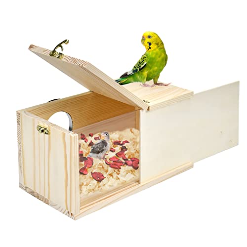 Parakeet Nesting Box Cockatiel Nesting Natural Pine Bird Nest Bird Breeding Box House Acrylic Transparent Bird Box with Detachable Wooden Board for Lovebirds Cockatiel Budgie Conure Parrot S - size: S(9.1*5.7*5.7 inch)